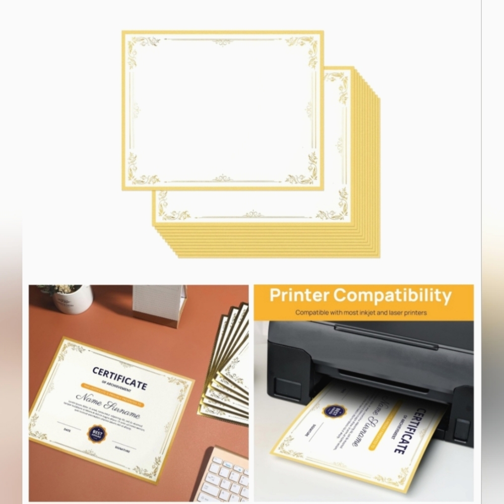🍎 50 Certificate Papers Sheets 160gsm Gold Foil Borders Award Diploma Wedding